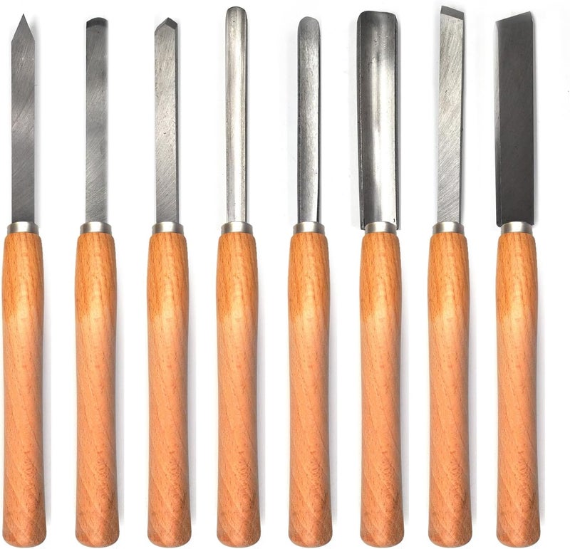 FlixGrdy Professional Wood Turning Chisel Lathe Chisel Set with 2 Skew 1 Spear Point 1 Parting 1 Round Nose & 3 Gouge Tools,8 pcs Set, for Wood Job - Image 1